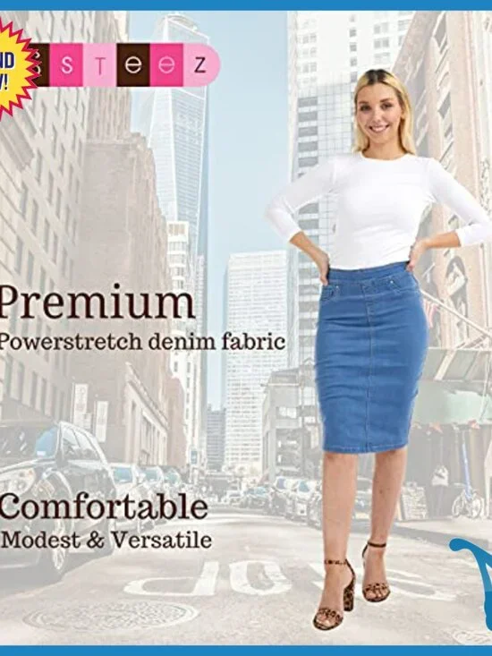 High Waisted Pull-On Knee Length Stretch Denim Jean Skirt Size Siena - Picture 2 of 7